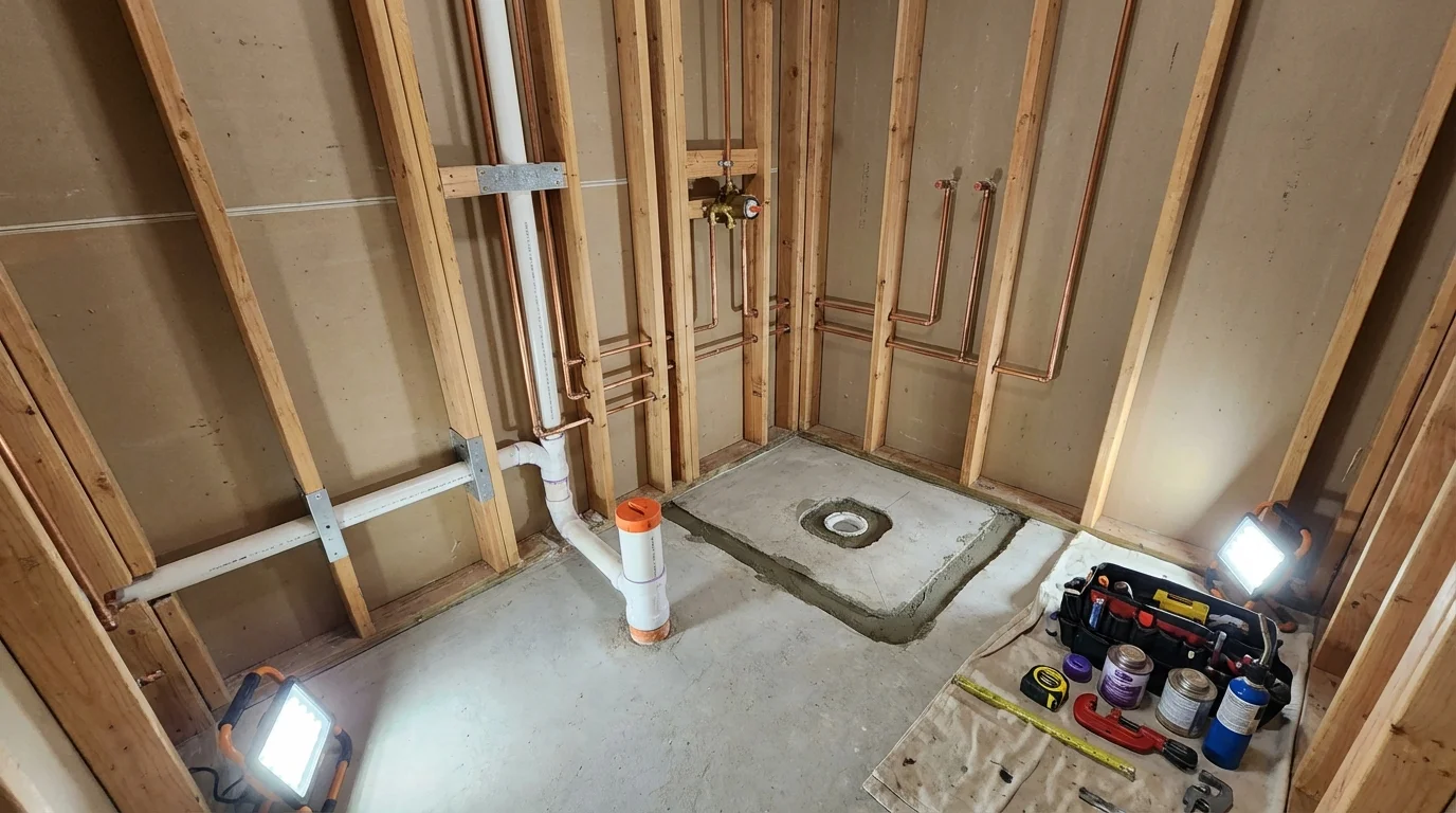 Bathroom rough-in plumbing during remodel by Johns Plumbing LLC in North Brookfield