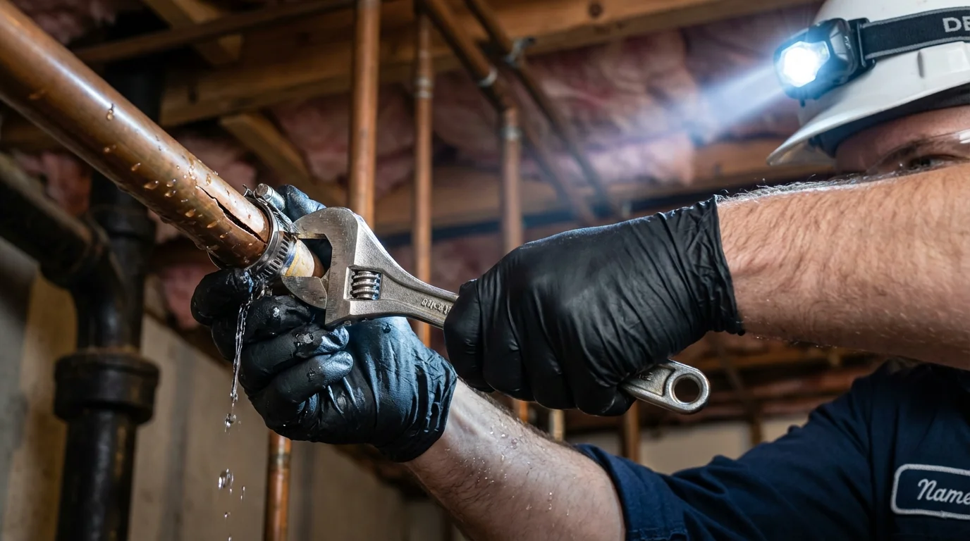 Emergency pipe clamp repair being performed by a Johns Plumbing LLC plumber in North Brookfield