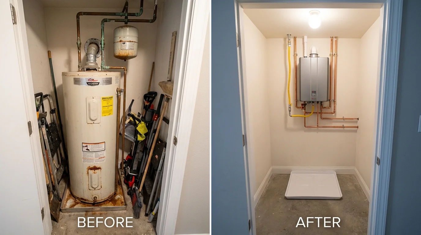 Tank water heater versus wall-mounted tankless unit comparison for North Brookfield, MA homeowners