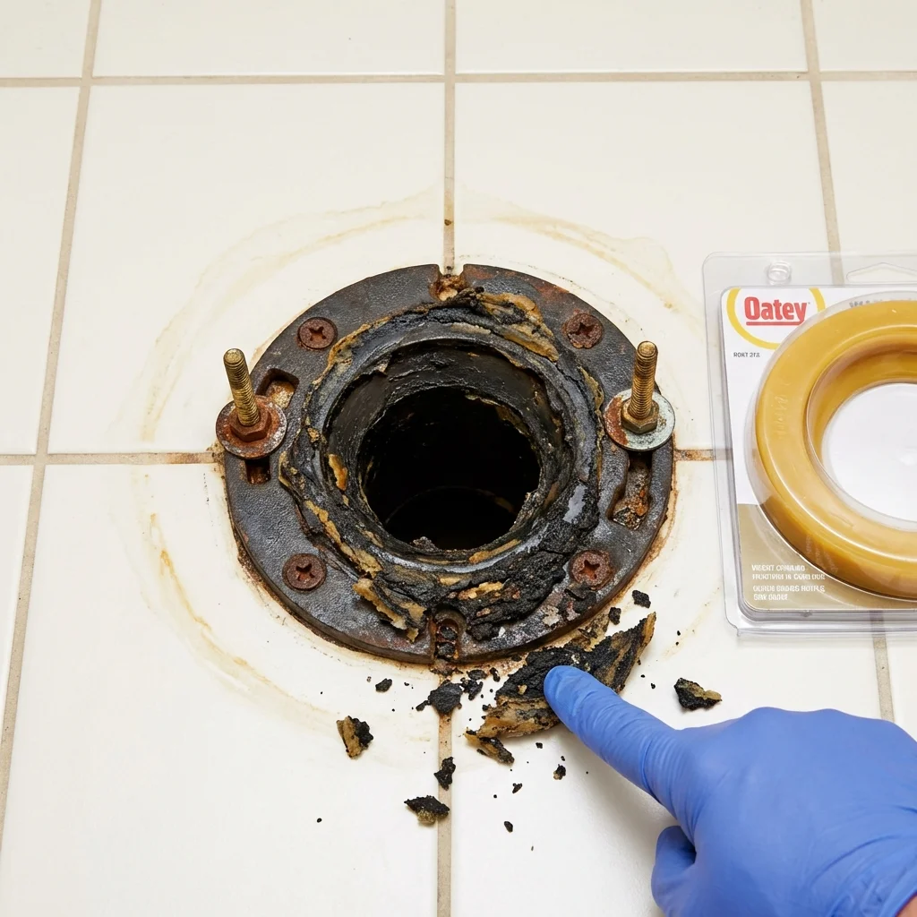 Failed wax ring showing water seepage at the base of a toilet in a North Brookfield, MA home