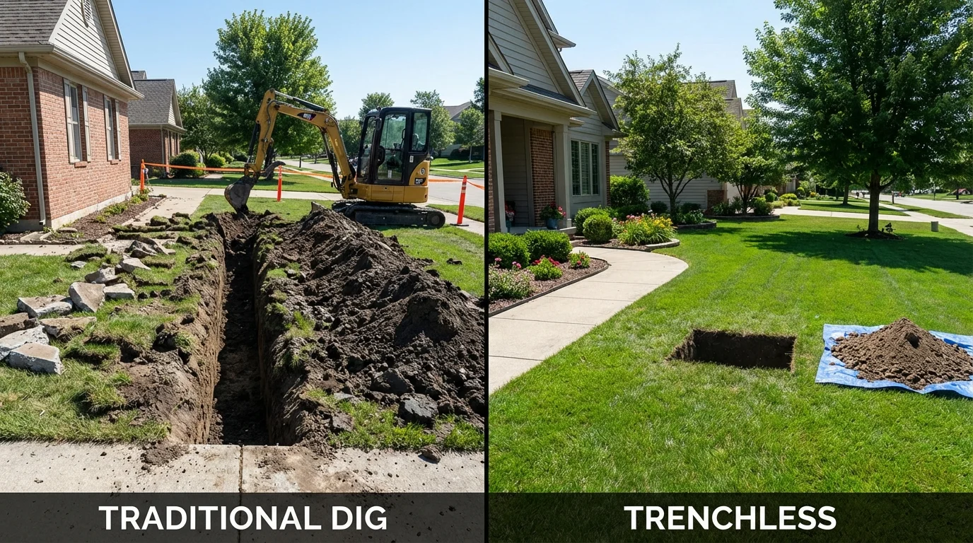 Trenchless sewer repair with minimal yard damage versus traditional excavation in North Brookfield, MA