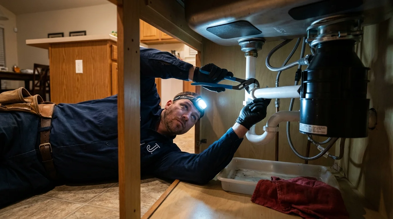 P-trap and supply line connections under a kitchen sink showing a common leak point in North Brookfield, MA